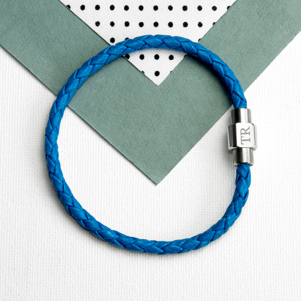 Personalized Men's Woven Leather Bracelet in Cobalt Blue - Lovesakes