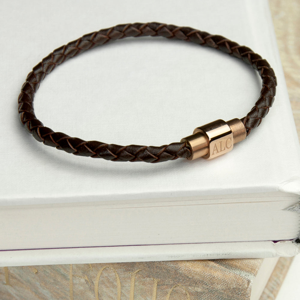 Personalized Men's Woven Leather Bracelet with Rose Gold Clasp - Lovesakes