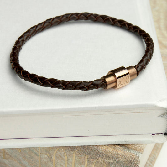 Engraved Men's Woven Leather Bracelet with Rose Gold Clasp