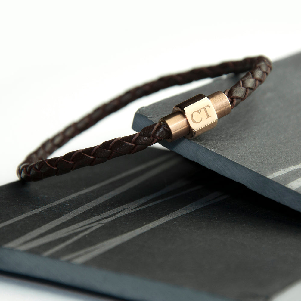 Personalized Men's Woven Leather Bracelet with Rose Gold Clasp - Lovesakes