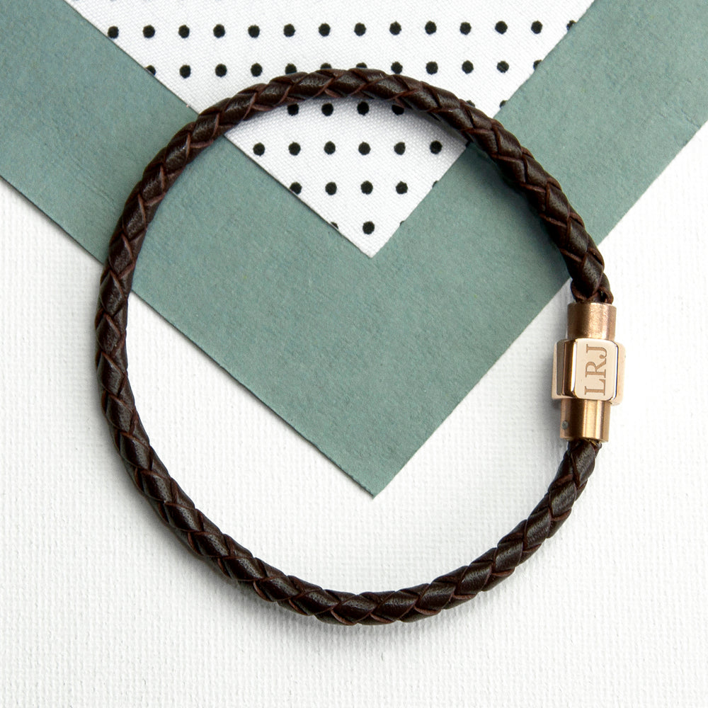 Personalized Men's Woven Leather Bracelet with Rose Gold Clasp - Lovesakes