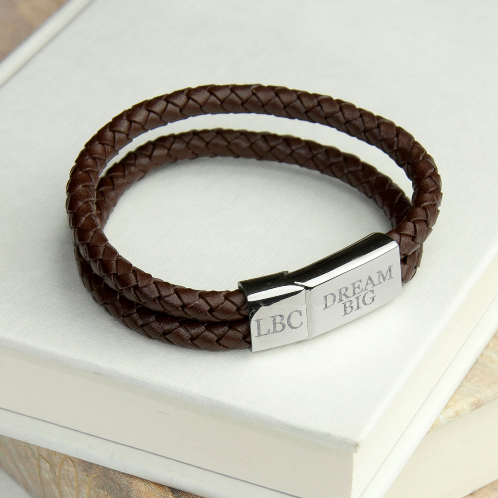 Personalized Men's Dual Leather Woven Bracelet in Umber - Lovesakes