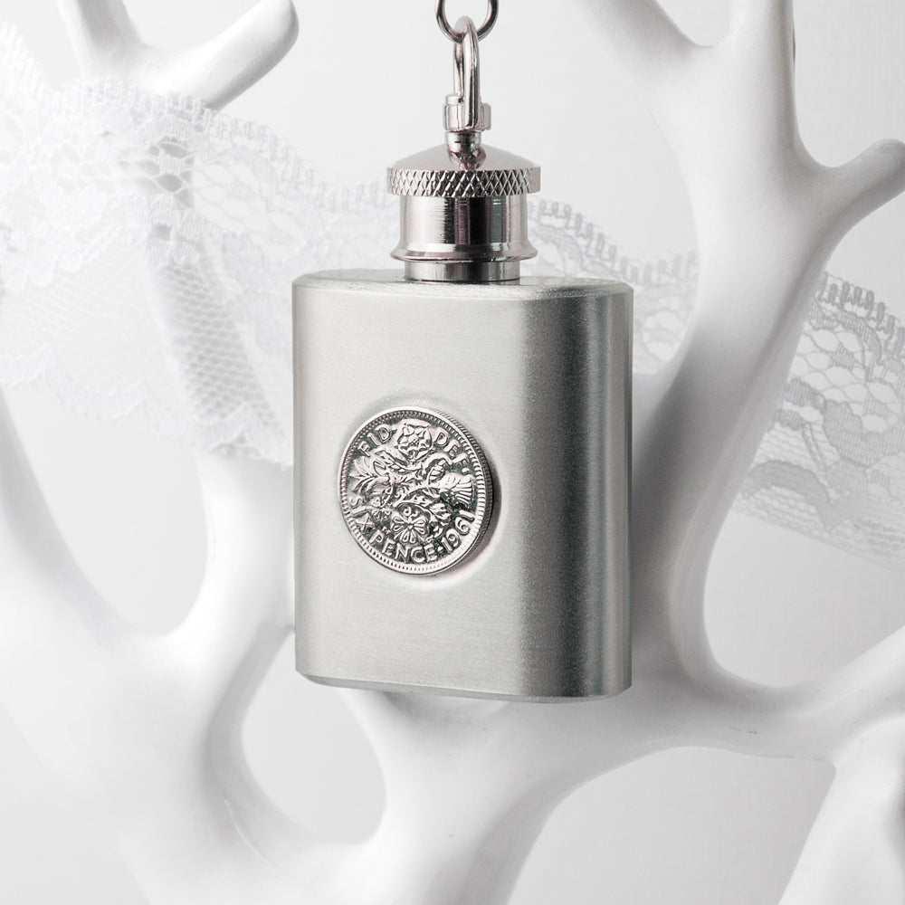 Personalized Silver Plated Lucky Sixpence Mini Hip Flask - Lovesakes