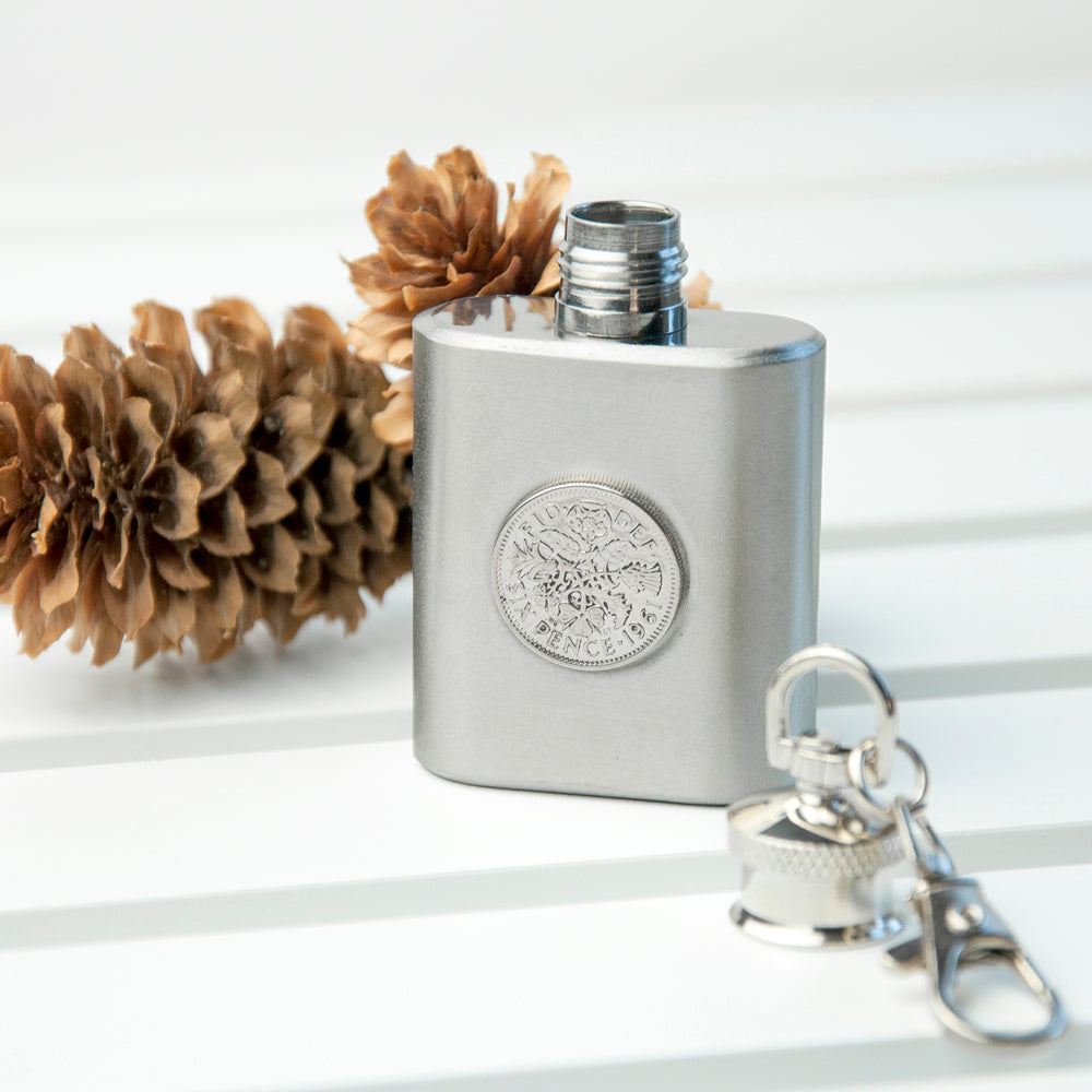 Personalized Silver Plated Lucky Sixpence Mini Hip Flask - Lovesakes