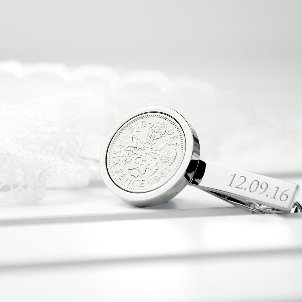 Personalized Silver Plated Lucky Sixpence Tie Clip - Lovesakes