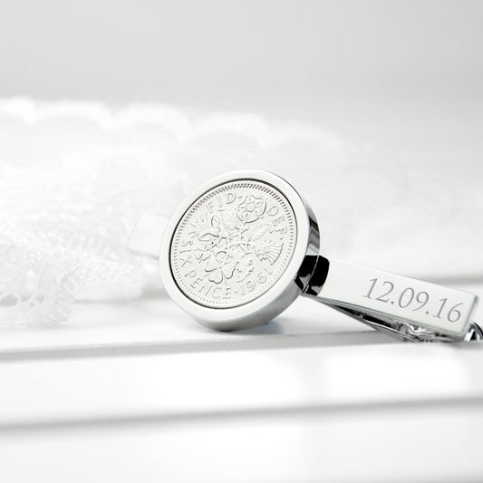 Engraved Silver Plated Lucky Sixpence Tie Clip