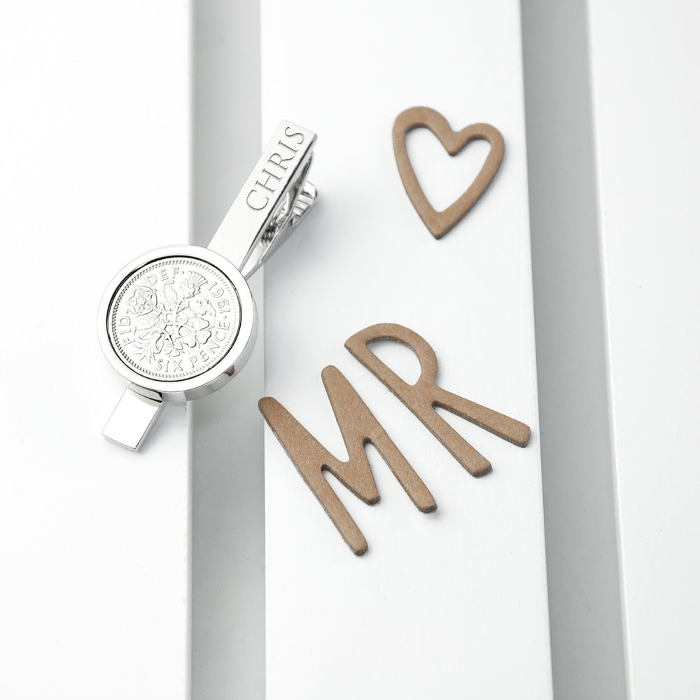 Personalized Silver Plated Lucky Sixpence Tie Clip - Lovesakes