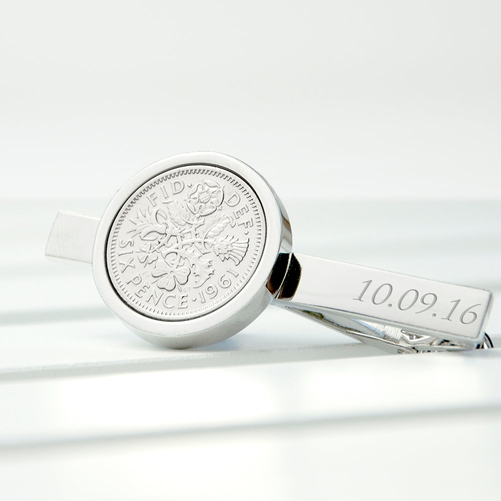 Personalized Silver Plated Lucky Sixpence Tie Clip - Lovesakes