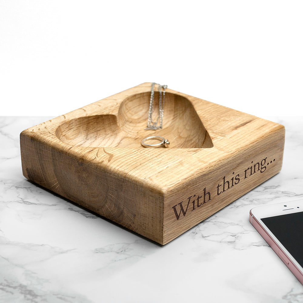 Custom Engraved Solid Oak Heart Jewelry & Ring Dish