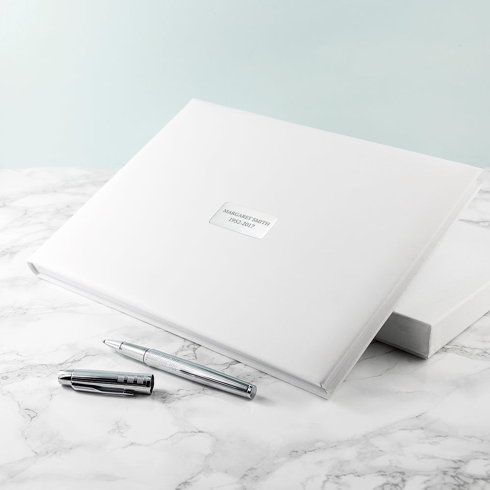 Personalized White Leather Memorial Guest Book