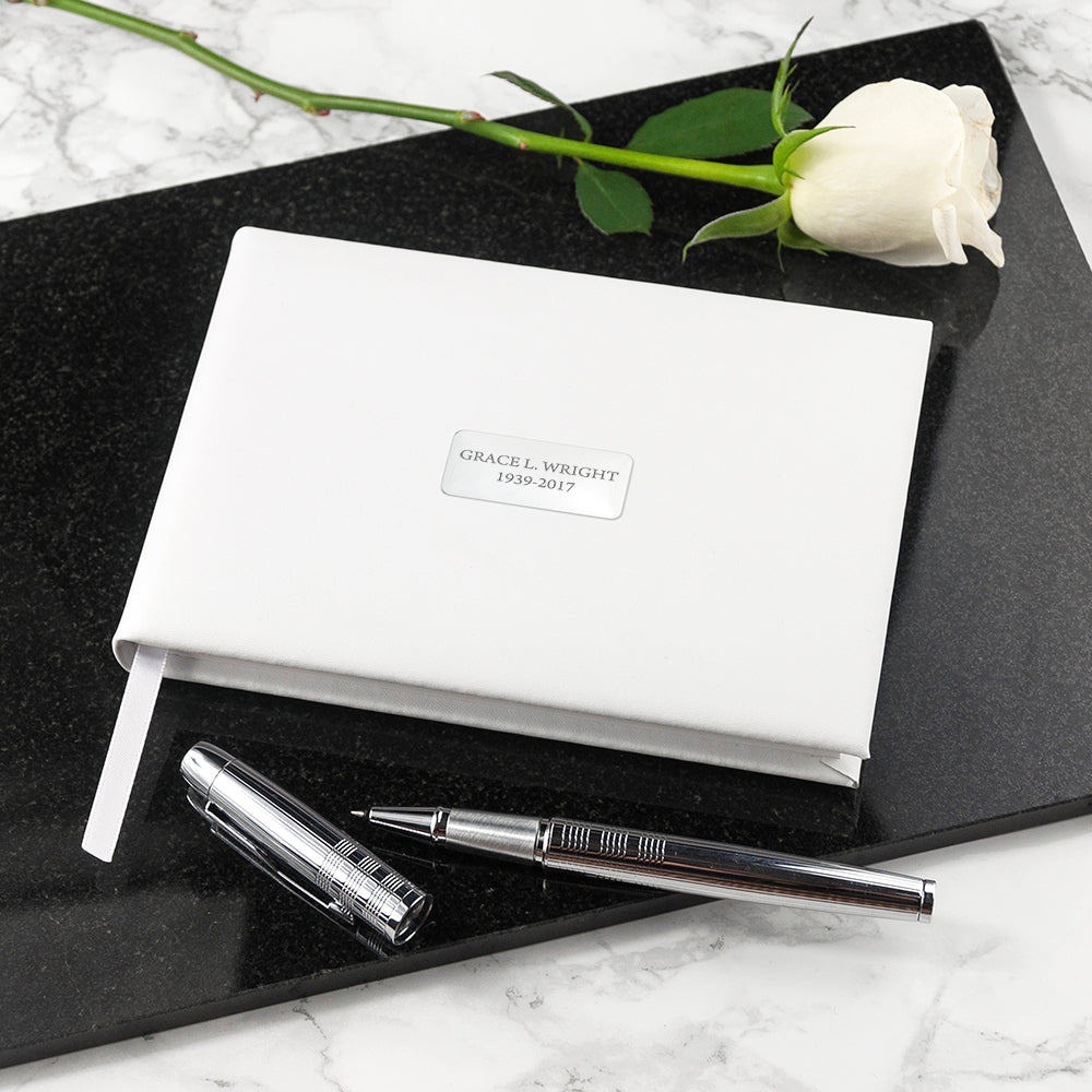 Personalized White Leather Memorial Guest Book