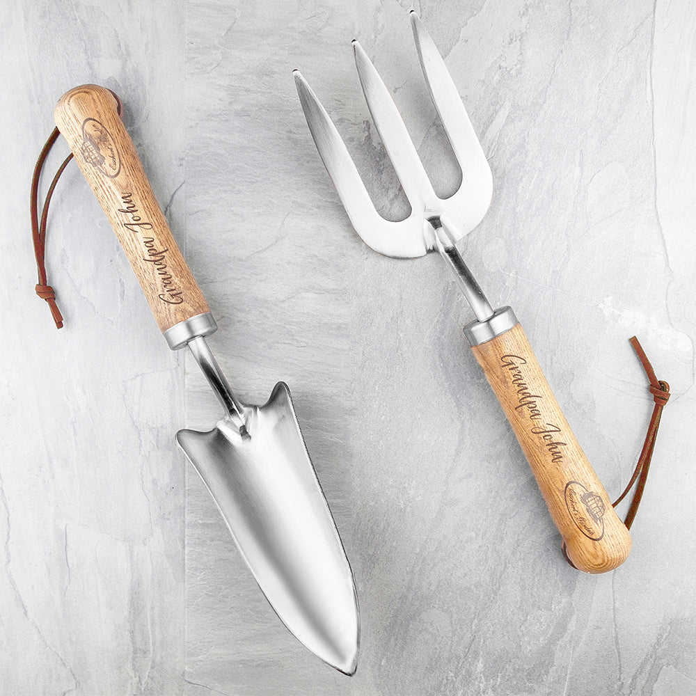 personalized gardening trowel and fork set