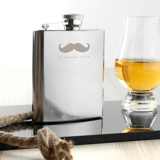 Engraved Stainless Steel Moustache Hip Flask