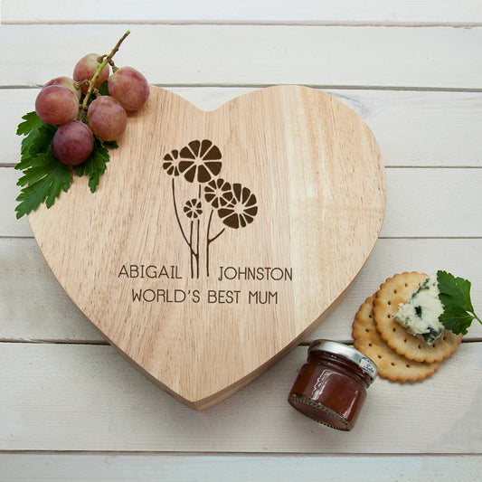 Engraved Cheese Board - World's Best Mom, Daisy Heart