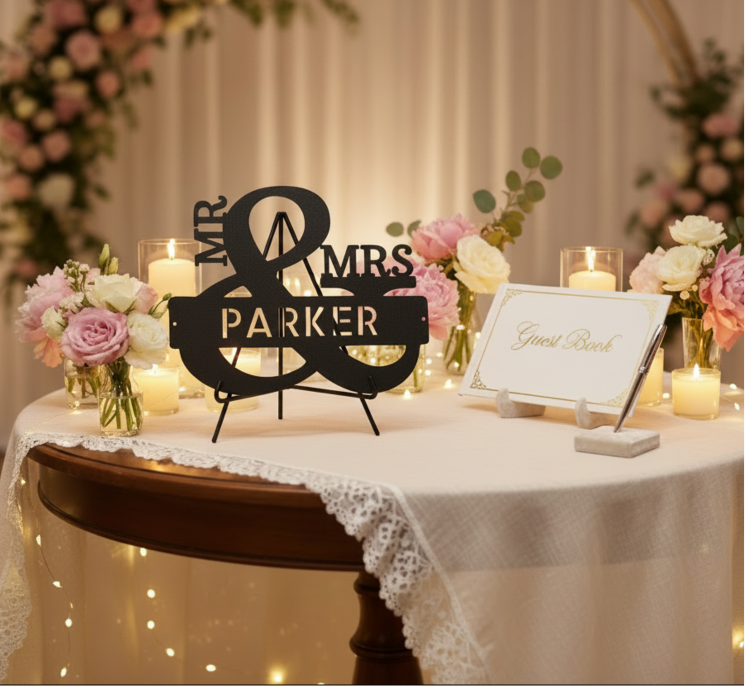 Persoanlized-wedding sign for 'Mr & Mrs Parker' on a table