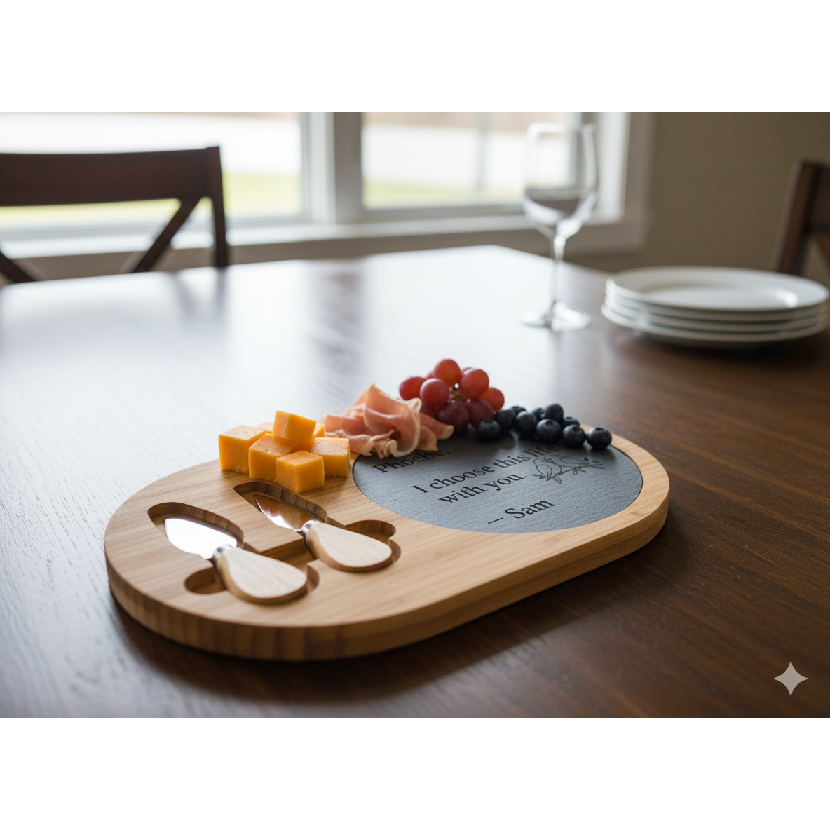 Cheeseboard with fruits and meats on a dining table