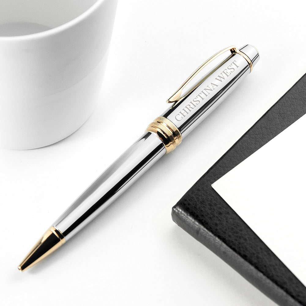 Silver and gold personalized cross medallist pen, perfect for trophies and awards