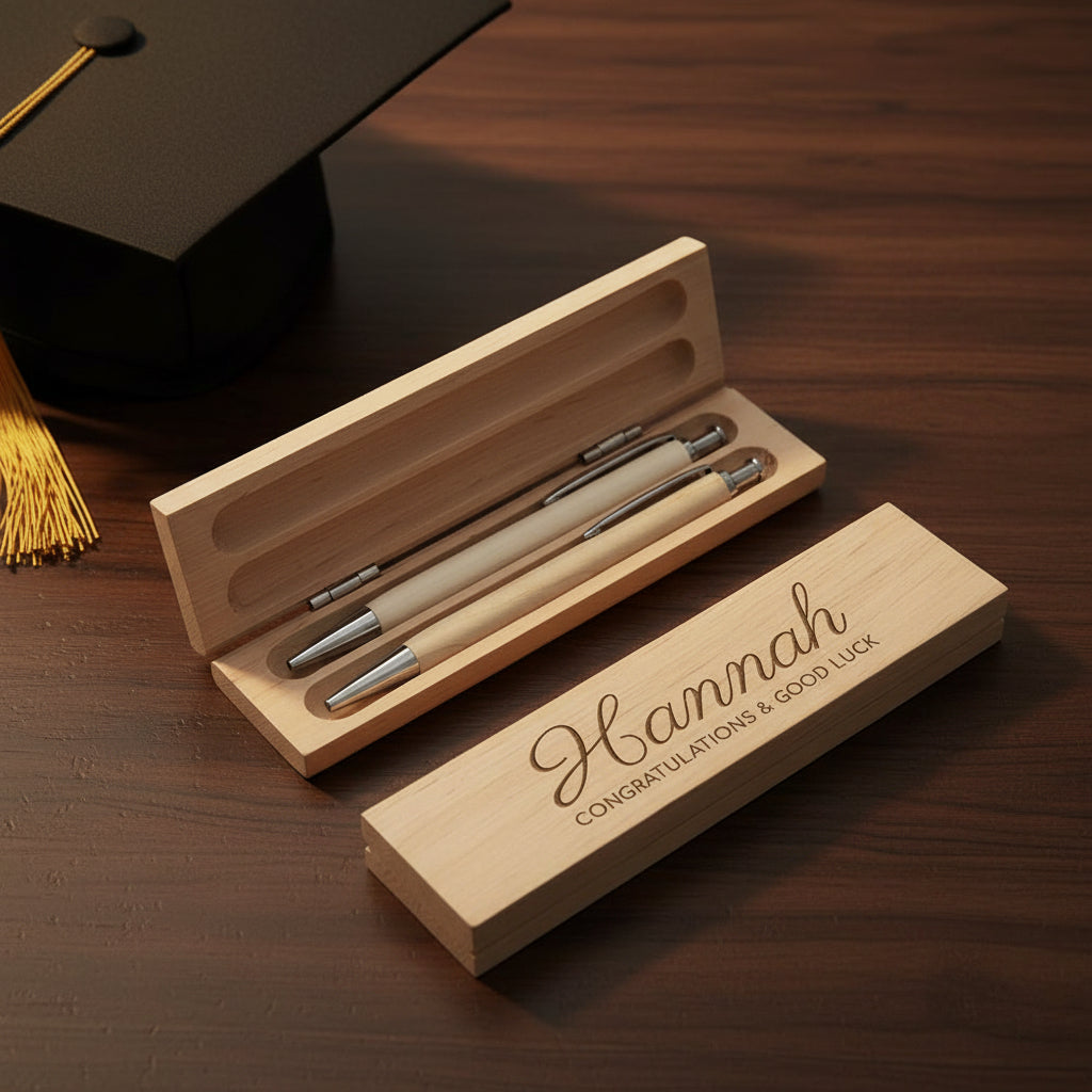Two pens in a wooden box with 'Hannah Congratulations & Good Luck' engraving on a white background