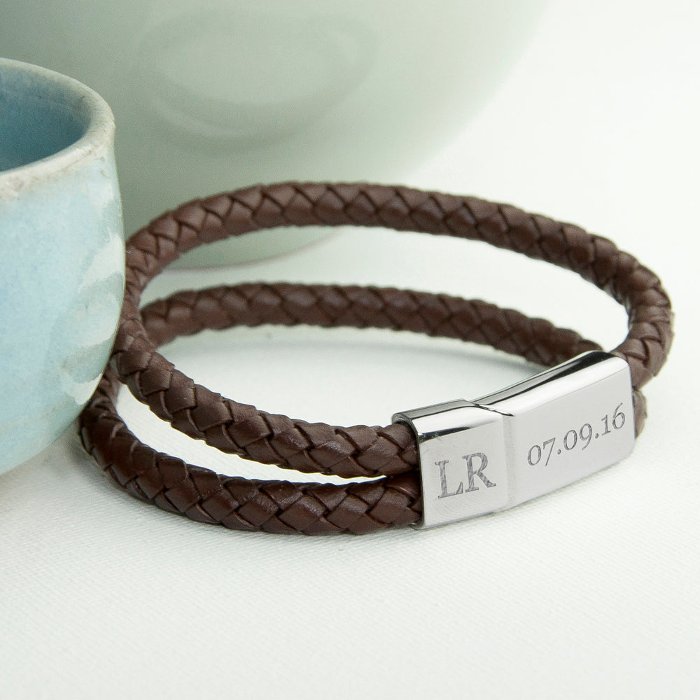 Personalized Men's Dual Leather Woven Bracelet in Umber - Lovesakes