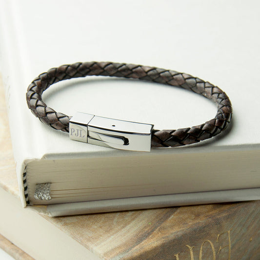 Engraved Men's Leather Bracelet With Tube Clasp