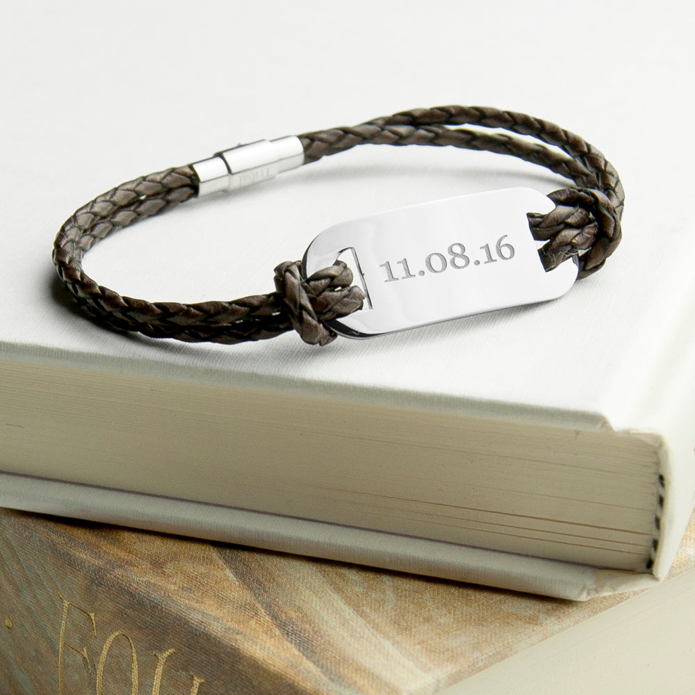 Personalized Men's Statement Woven Leather Bracelet In Brown - Lovesakes