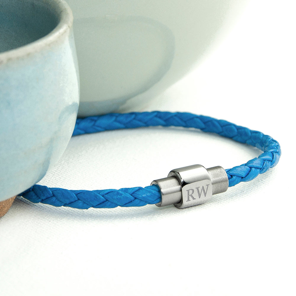 Personalized Men's Woven Leather Bracelet in Cobalt Blue - Lovesakes