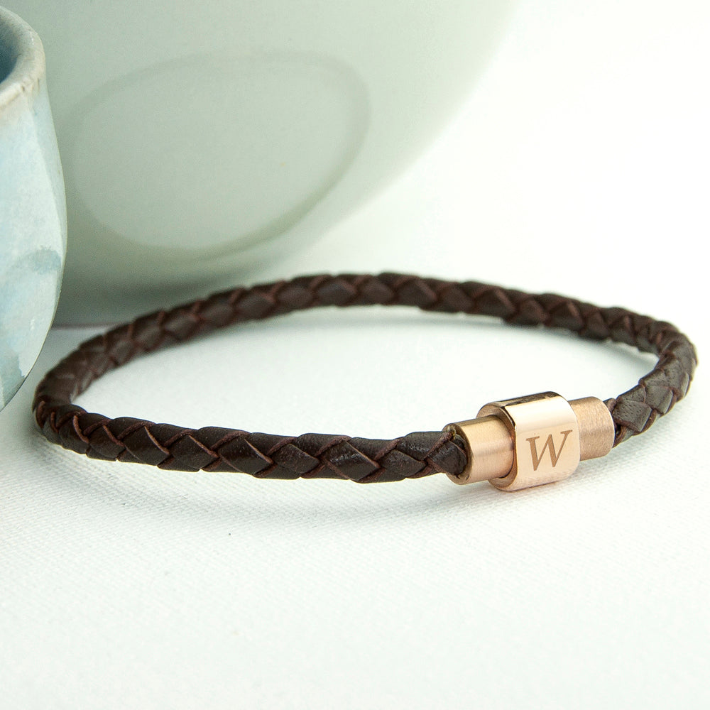 Personalized Men's Woven Leather Bracelet with Rose Gold Clasp - Lovesakes