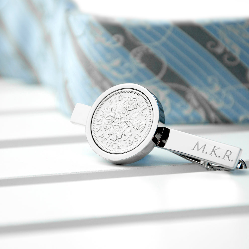 Personalized Silver Plated Lucky Sixpence Tie Clip - Lovesakes