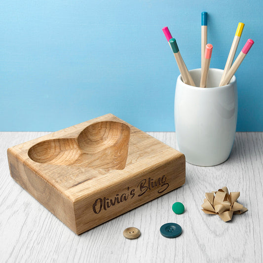 Engraved Solid Oak Heart Trinket Dish