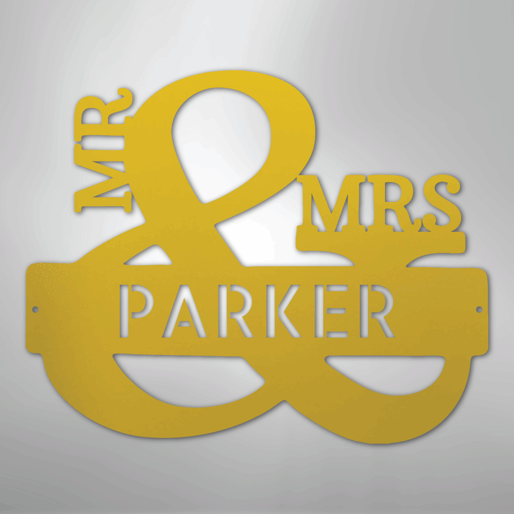 Yellow-personalized metal sign with 'Mr & Mrs couple-name