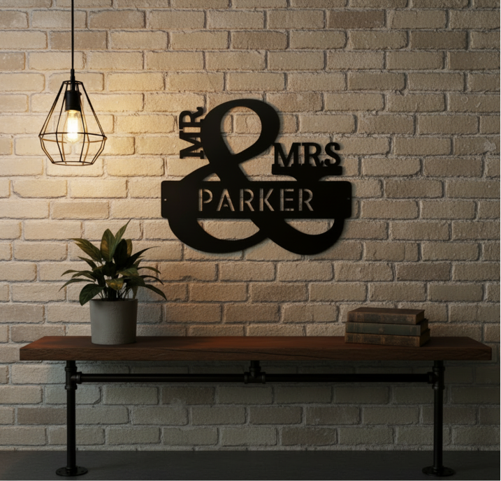 Decorative wall art with 'Mr & Mrs Parker' -Personalized Mr. & Mrs. Ampersand Metal Wall Decor