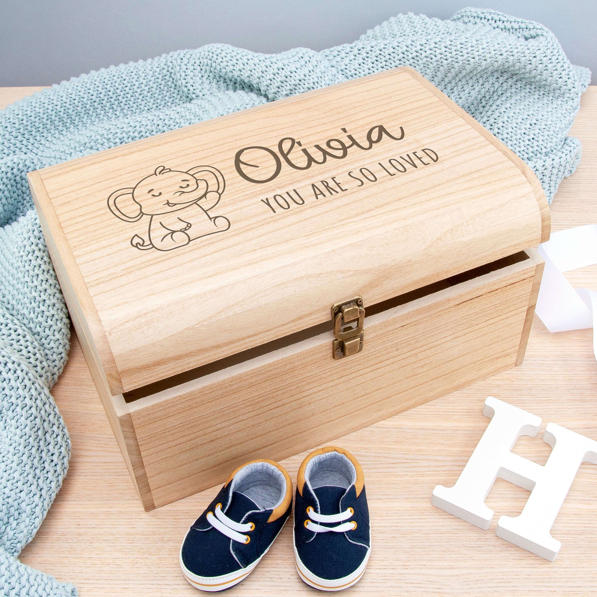 Personalized Baby Elephant Keepsake Chest  Wooden Chests Deeply Engraved