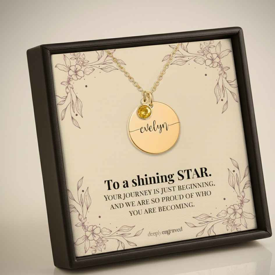 Personalized Birthstone Coin Name Necklace  Necklaces Deeply Engraved