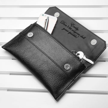 Personalized Black Leather Clutch Bag  Leather Clutch Bags Deeply Engraved