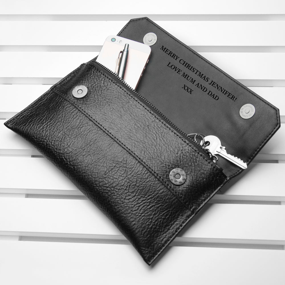 Personalized Black Leather Clutch Bag  Leather Clutch Bags Deeply Engraved