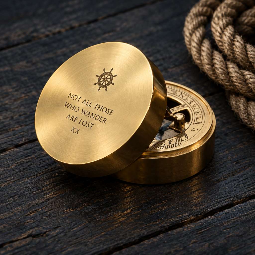 Custom engraved brass compass featuring a traditional ship's wheel helm icon for leaders, captains, and nautical gifts.