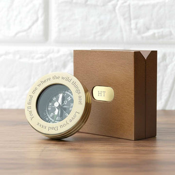 Compass with engraved text next to a wooden box -Traveler's Pocket Compass in Monogrammed Box