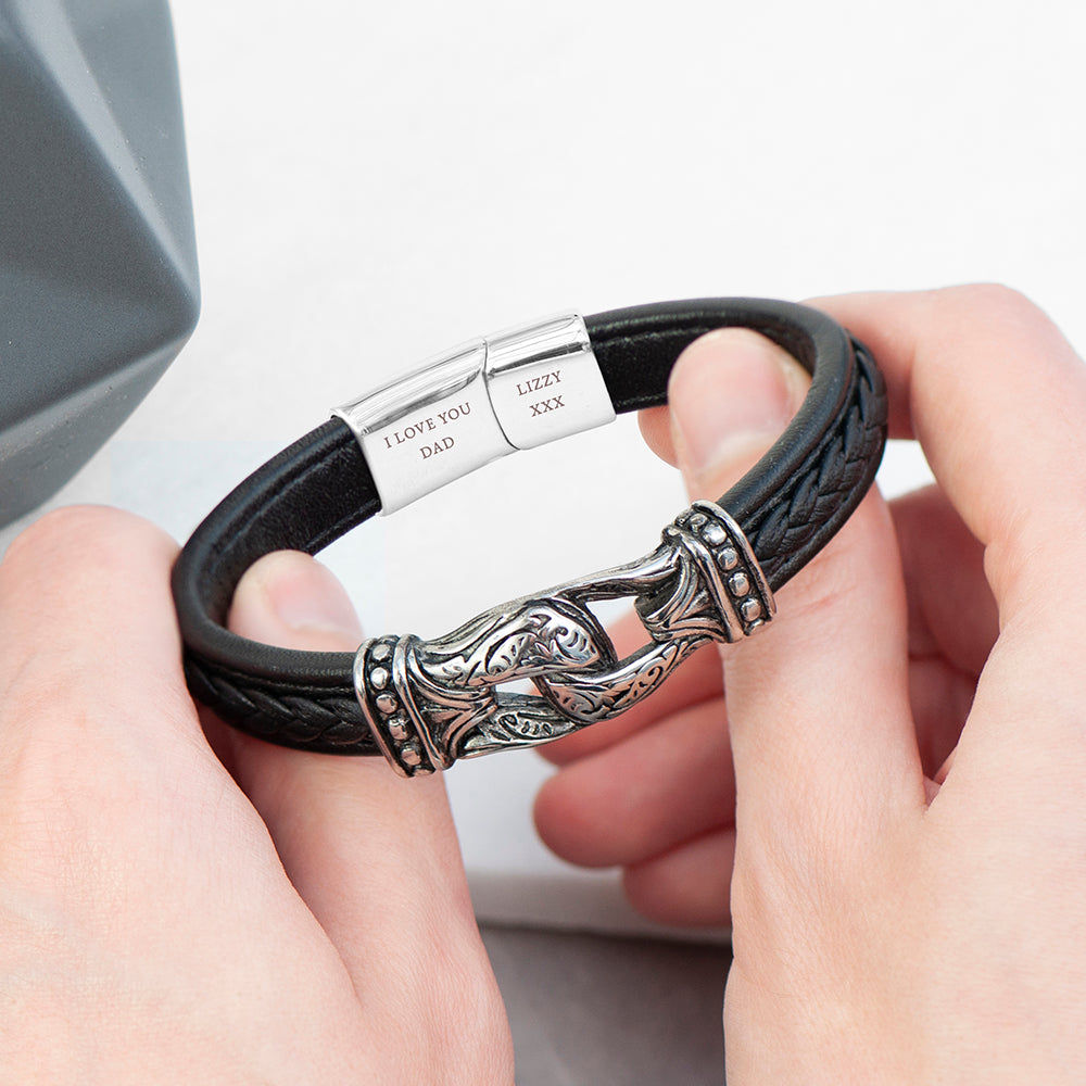 Personalized Buckle Clasp Leather Bracelet  Men's Bracelets Deeply Engraved