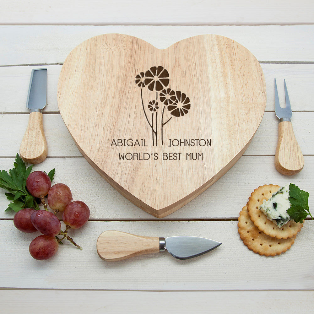 Personalized Cheese Board - World's Best Mom, Daisy Heart  Wooden Cheese Boards Deeply Engraved