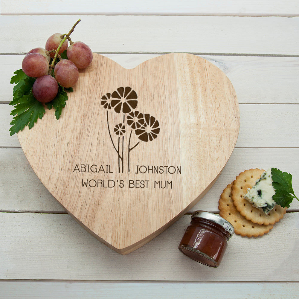 Personalized Cheese Board - World's Best Mom, Daisy Heart  Wooden Cheese Boards Deeply Engraved
