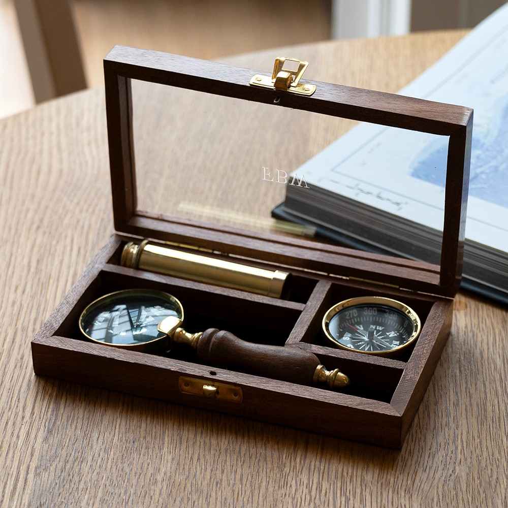 Personalized Brass Compass, Telescope and Magnifying Glass Gift Set