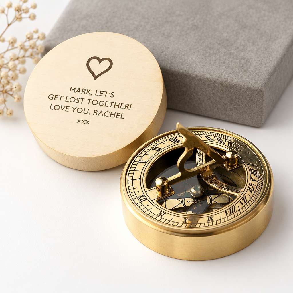 Custom brass sundial compass with an engraved heart symbol and personalized message romantic and long-distance relationship gifts.