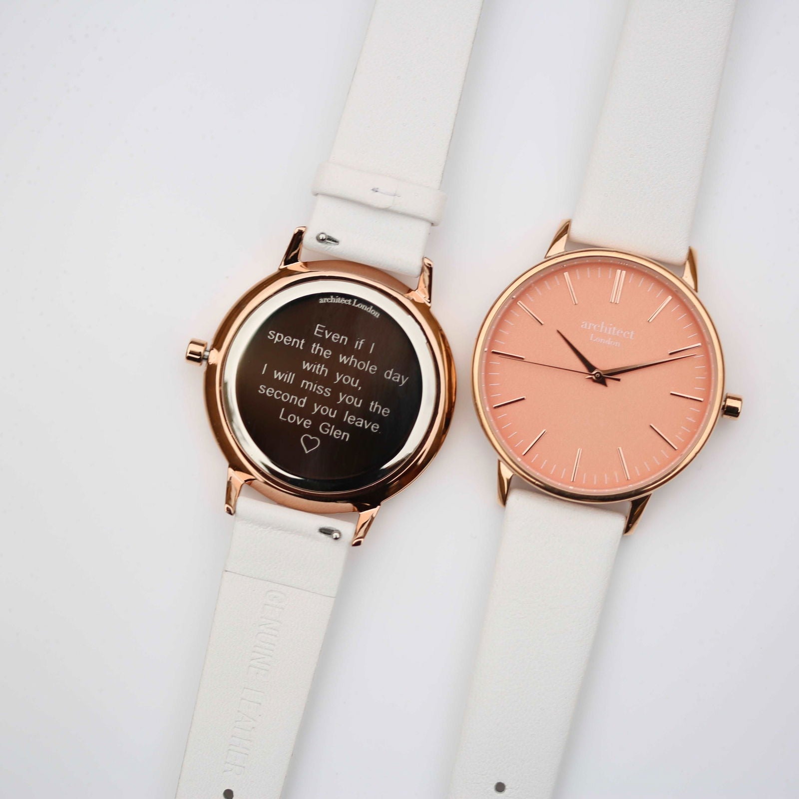 Personalized Coral Dial Watch – White Leather Strap  Ladies' Watches Deeply Engraved