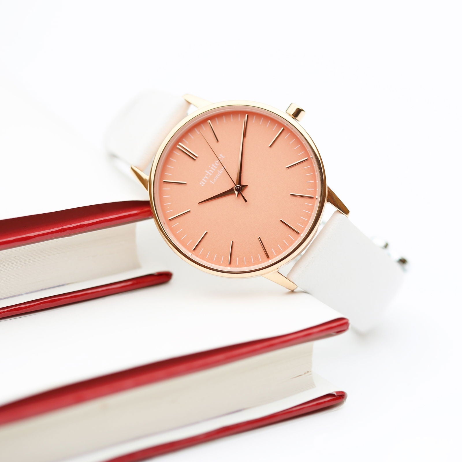 Personalized Coral Dial Watch – White Leather Strap  Ladies' Watches Deeply Engraved