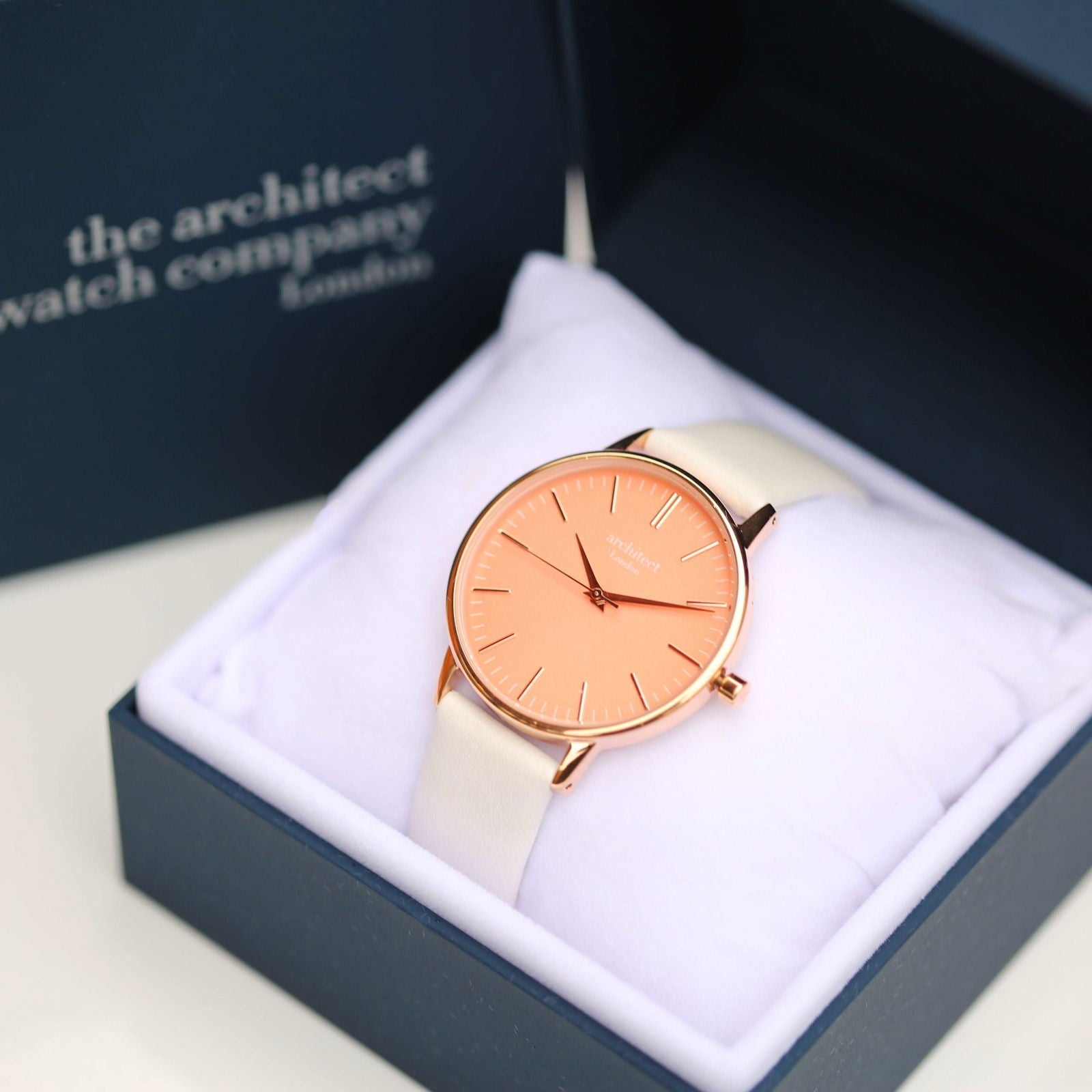 Personalized Coral Dial Watch – White Leather Strap  Ladies' Watches Deeply Engraved