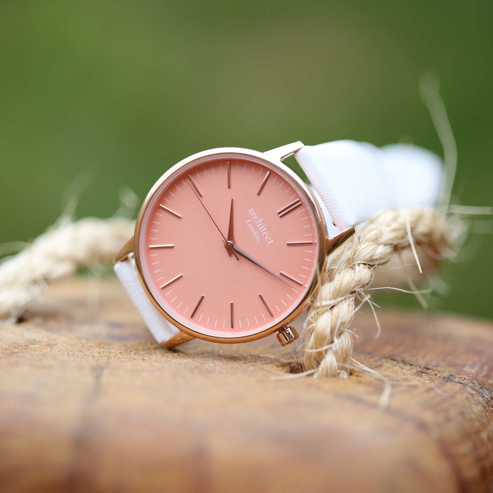Personalized Coral Dial Watch – White Leather Strap  Ladies' Watches Deeply Engraved