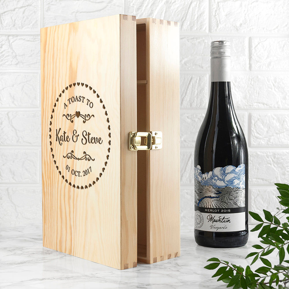 Personalized Couple's Wine Box in Pinewood  Wine Boxes Deeply Engraved