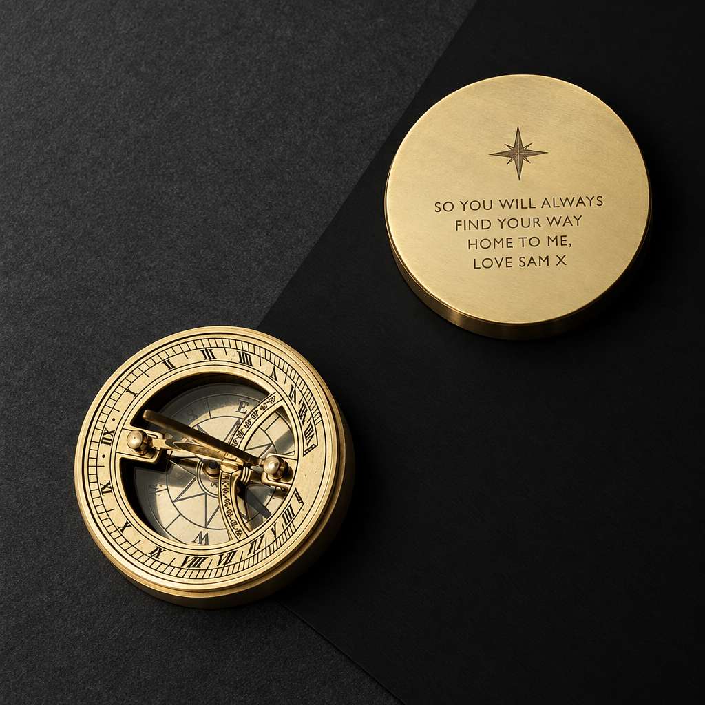 Custom engraved brass compass featuring a north star icon as a guiding keepsake gift