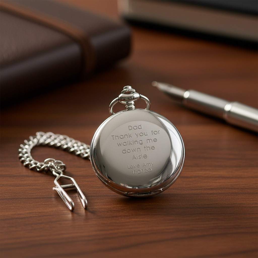 Silver pocket watch with engraved message on a wooden surface