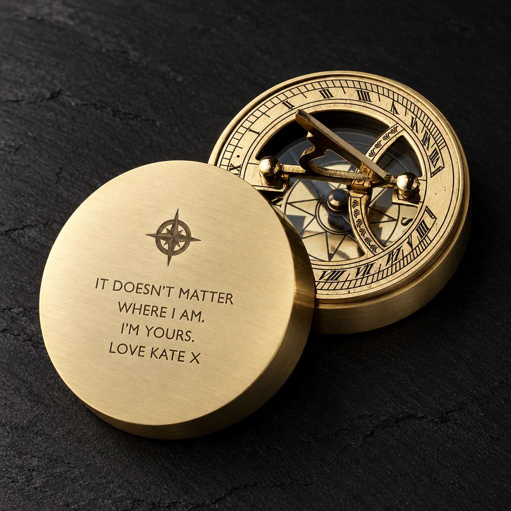 Personalized brass sundial compass with classic compass rose icon engraving for travelers and ocean lovers.